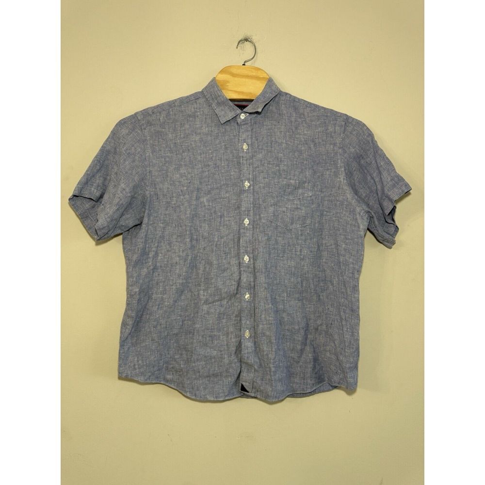 UNTUCKit Mens L Blue Linen Short‎ Sleeve Shirt
